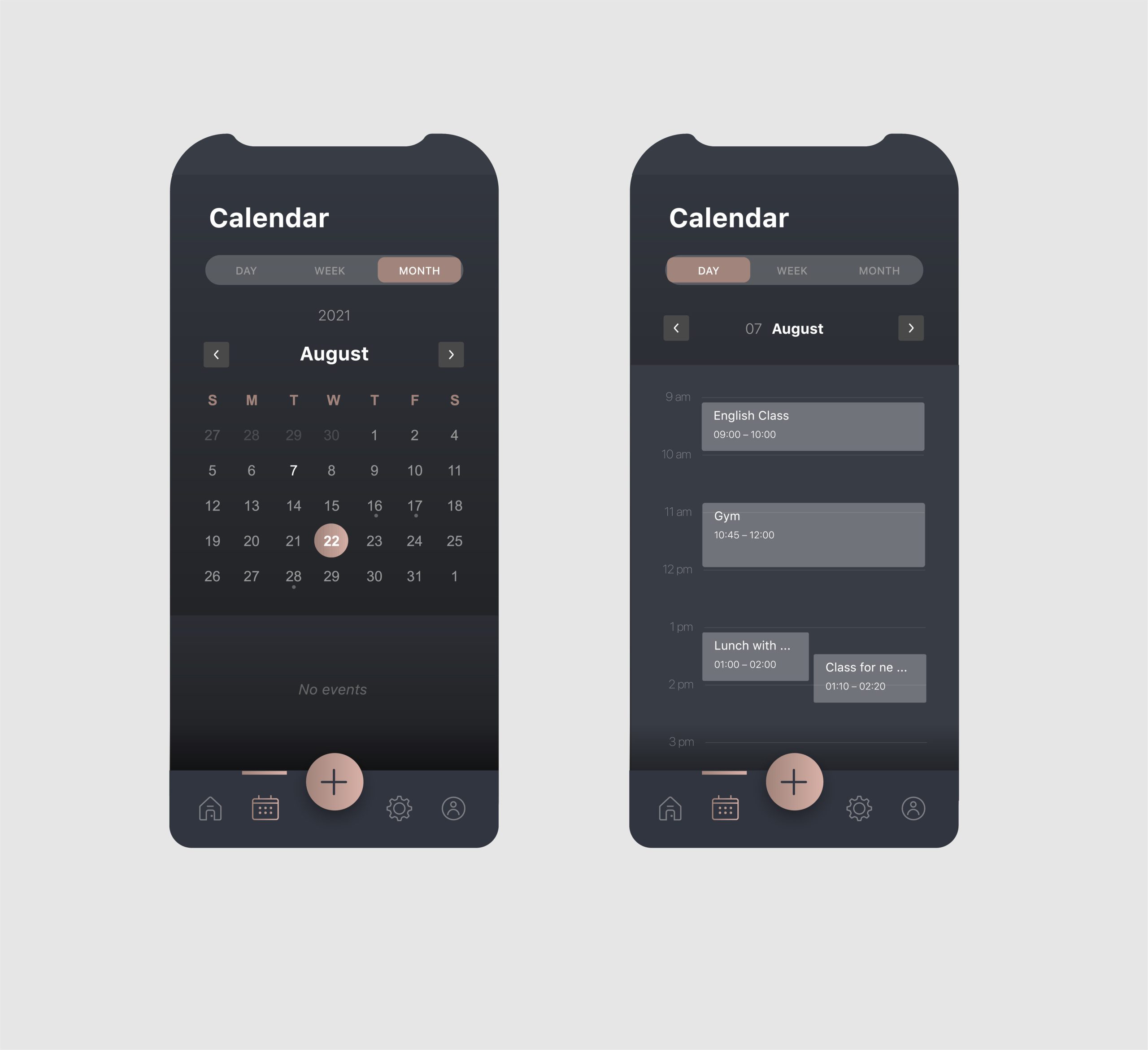 Generic and fictional mobile application visual concept for calendar with meetings schedule for day and month days with tab bar and plus floating button, dark mode screens
